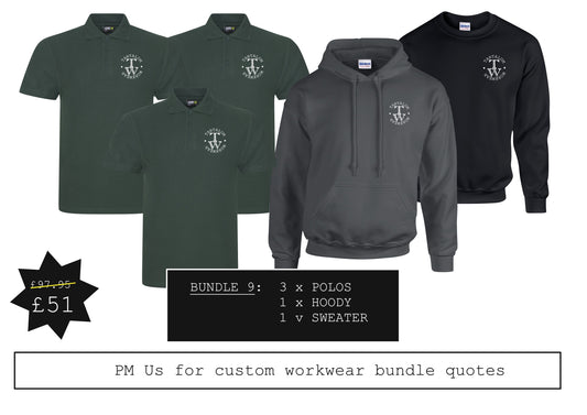 Bundle 9: 3 x Polo shirts (RX101) , 1 x sweater (GD056) & 1 x hoody (GD057) with printed logo