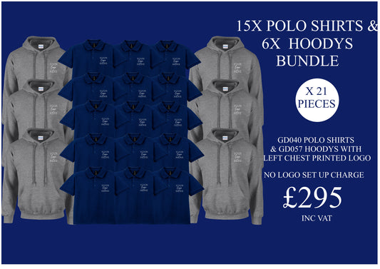15 x Polo shirts  (GD040) & 6 x hoodys (GD057) with printed logo