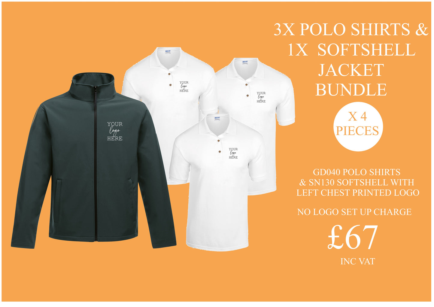 3 x Polo shirts (GD040) and 1 x softshell jacket (SN130) with printed logo