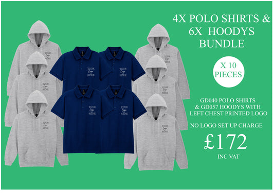 4 x Polo shirts  (GD040) & 6 x hoodys (GD057) with printed logo