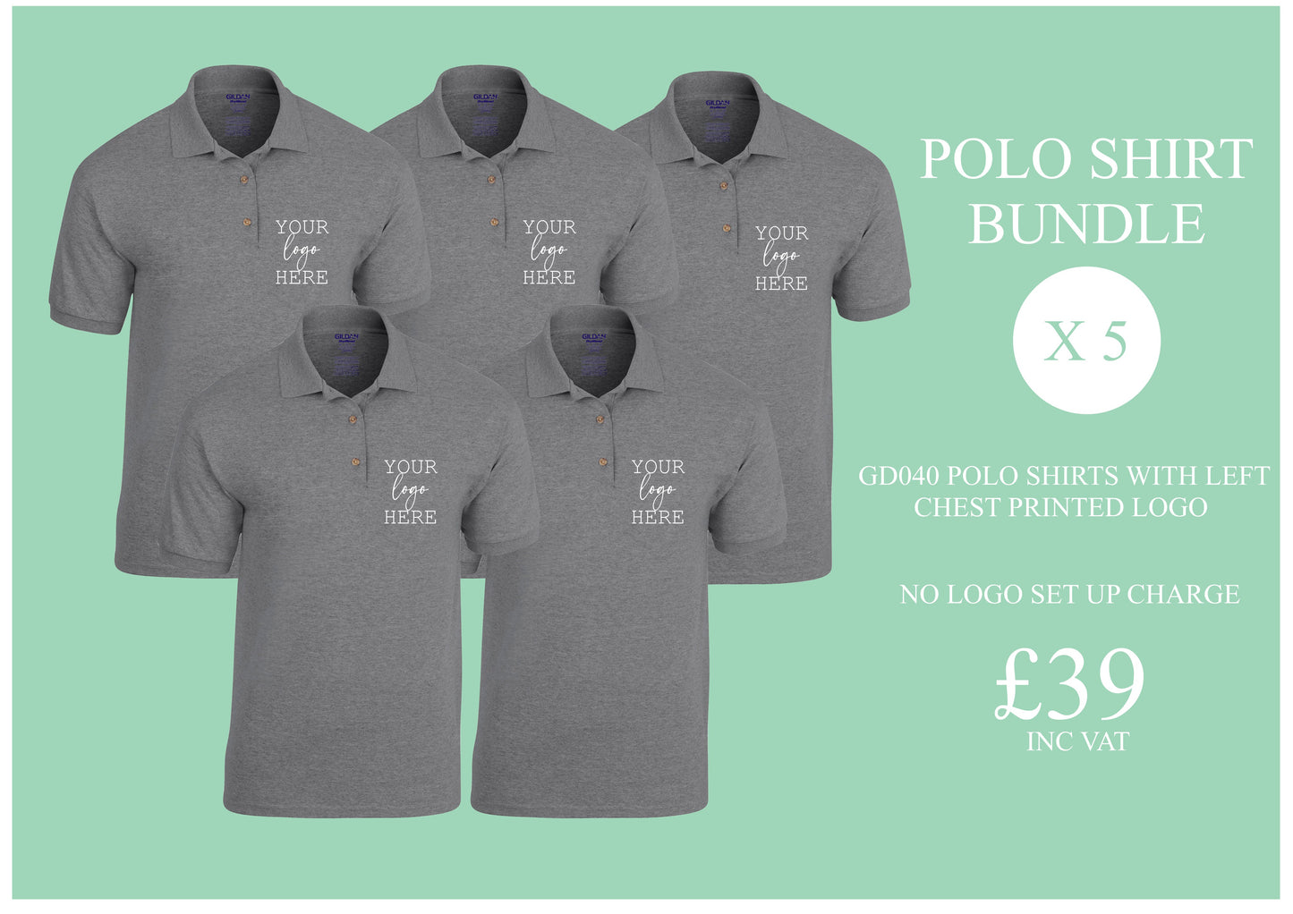 Bundle 1:  5 x Polo shirts with printed logo (GD040)