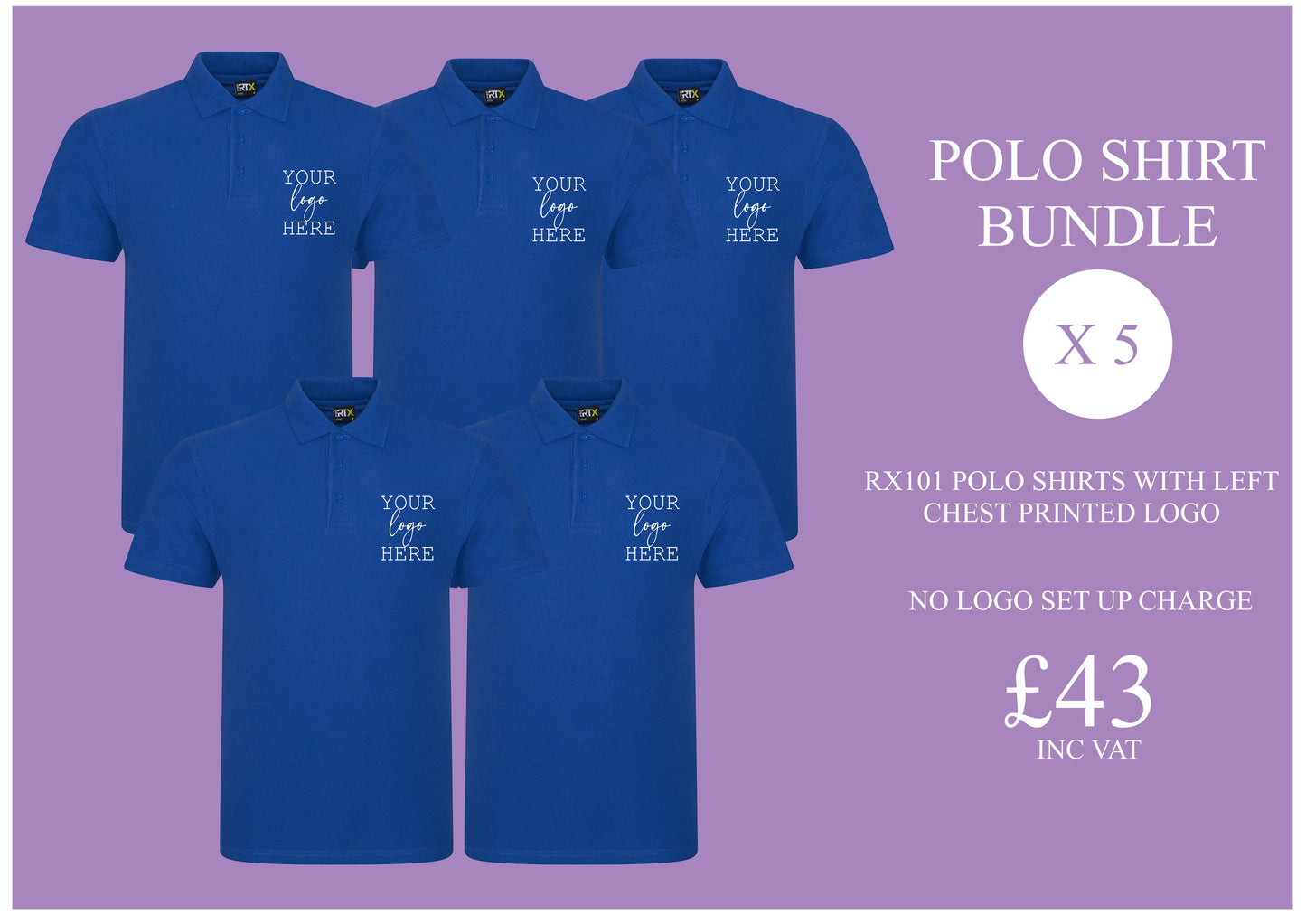 5 x Polo shirts with printed logo (RX101)
