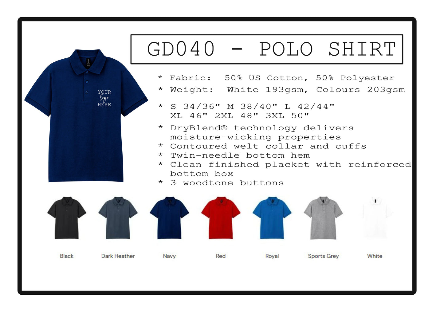 3 x Polo shirts (GD040) and 1 x softshell jacket (SN130) with printed logo