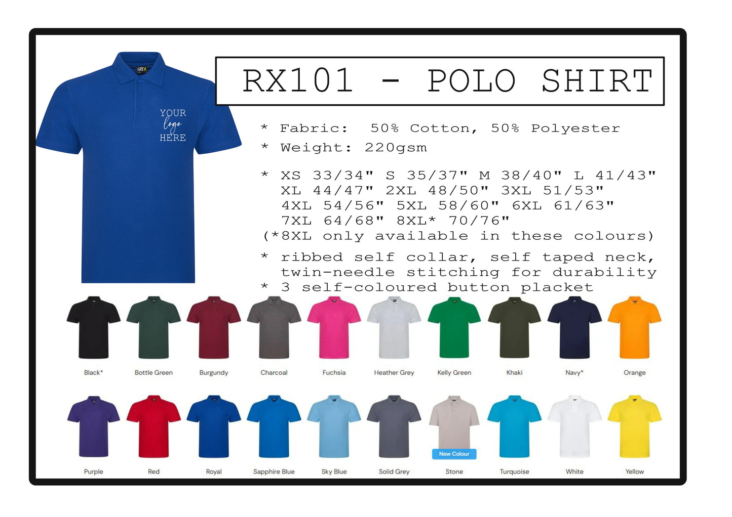3 x Polo shirts  (RX101) & 2 x hoodys (RX350) with printed logo