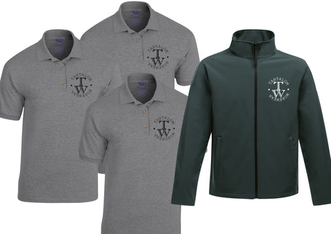 Bundle 15:  3 x Polo shirts (GD040) and 1 x softshell jacket (SN130) with printed logo
