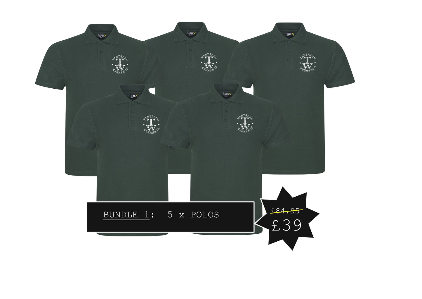 Bundle 1:  5 x Polo shirts with printed logo (RX101)