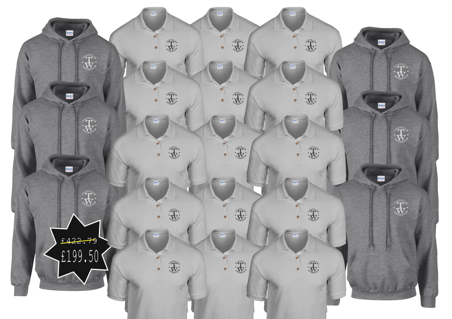 Bundle 11:  15 x Polo shirts  (GD040) & 6 x hoodys (GD057) with printed logo