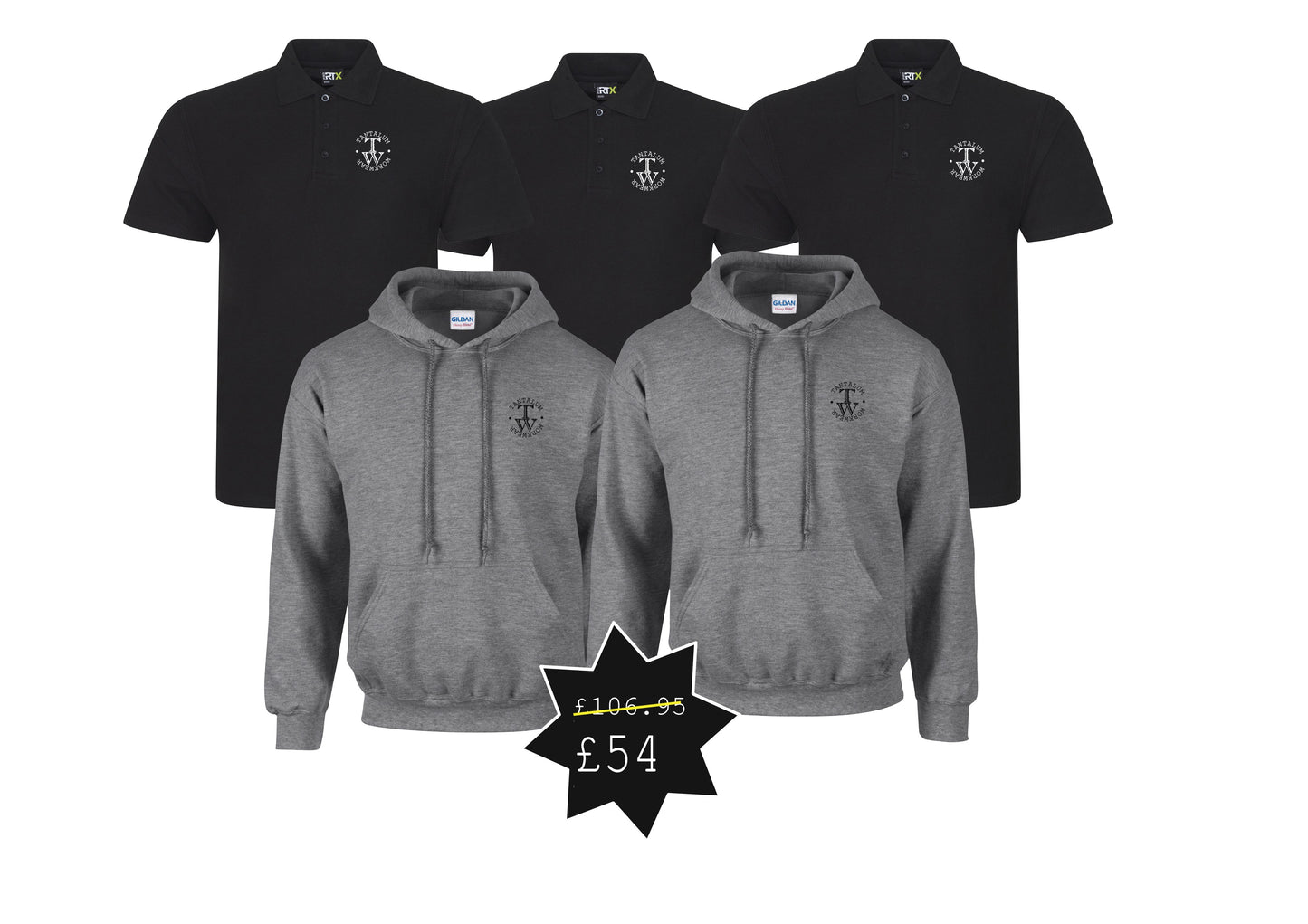 Bundle 13:  3 x Polo shirts  (RX101) & 2 x hoodys (GD057) with printed logo