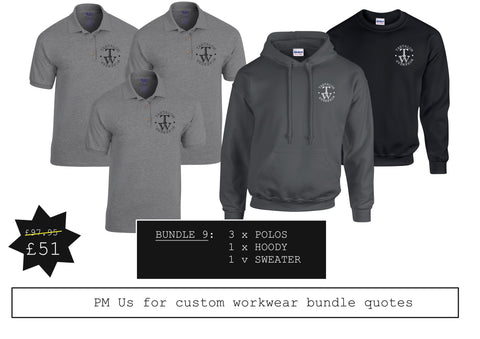 Bundle 9:  3 x Polo shirts  (GD040) , 1 x sweater (GD056) & 1 x hoody (GD057) with printed logo